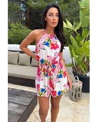 AX Paris - Multi Smudge Floral Print Racer Neck Drawstring Playsuit - Lyst