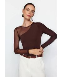 WOVCOR - Asymmetric Mesh Panel Stretch Knit Long Sleeve Bodysuit - Lyst