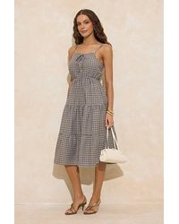 WOVCOR - Check Tie Front Tiered Strappy Woven Midi Dress - Lyst