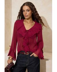 WOVCOR - Ruffle Front Sheer Chiffon Tie Neck Blouse - Lyst