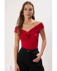 WOVCOR - Floral Detail Bardot Ruched Blouse Top - Lyst