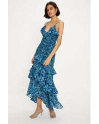 Oasis - Ditsy Floral Ruched Ruffle Dip Hem Midi Dress - Lyst