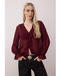 WOVCOR - Ruffle Front V-Neck Sheer Chiffon Long Sleeve Blouse - Lyst