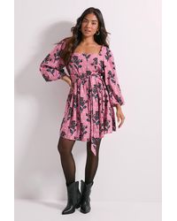 Dorothy Perkins - Petite Floral Square Neck Blouson Sleeve Tie Back Mini Dress - Lyst