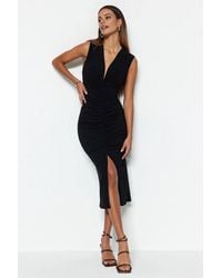 WOVCOR - Fitted V Neck Ruched Detail Midi Bodycon Dress - Lyst
