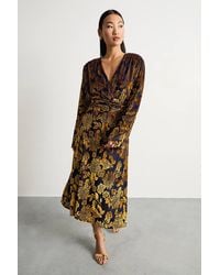 Warehouse - Petite Devore Plunge Neck Knot Waist Balloon Sleeve Midi Dress - Lyst