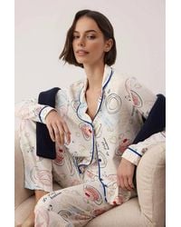 WOVCOR - Cafe Print Contrast Piping Revere Collar Long Sleeve Pyjama Set - Lyst