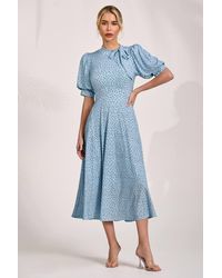Jolie Moi - Tie Neck Puffy Sleeve Jersey Midi Dress - Lyst