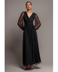 Goddiva - Gathered Long Balloon Sleeve A Line Mesh Maxi Dress - Lyst