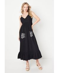 Oasis - Cotton Poplin Floral Embroidered Pocket Midi Dress - Lyst