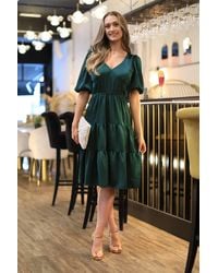Double Second - Satin Puff Sleeve V-Neck Tiered Dress - Lyst