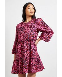 Dorothy Perkins - Petite Frill Tiered Printed Poplin Mini Smock Dress - Lyst