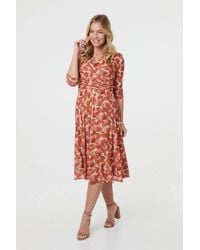 Izabel London - Printed 3/4 Sleeve Midi Faux Wrap Dress - Lyst