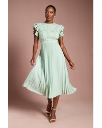 Coast - Flutter Sleeve Lace Top Pleated Skirt Midi Dress - Lyst