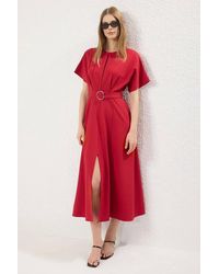 WOVCOR - Belt Detail Flutter Sleeve Midi A-Line Dress - Lyst