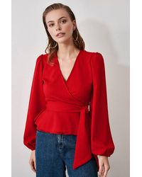 WOVCOR - Tie Front Woven Blouse W/ V-Neck Detail - Lyst