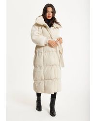 Liquorish - Cream Longline Belted Puffer Coat - Lyst