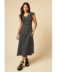 Dorothy Perkins - Petite Mono Frill Neck Ruched Front Jersey Midi Dress - Lyst
