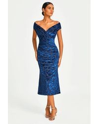 FS Collection - Floral Velvet Devore Bardot Pleated Midi Dress - Lyst