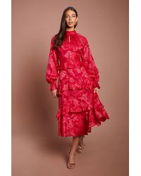 Coast - Satin Jacquard Long Sleeve Peplum Tiered Midi Dress - Lyst