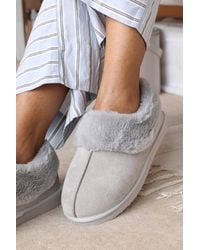 Where's That From - 'Qelora' Faux Suede Mule Slippers W/ Faux Fur Collar Trim - Lyst