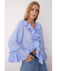 WOVCOR - Ruffle Front Long Sleeve Boho Style Woven Blouse - Lyst