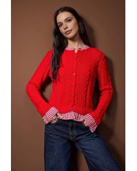 WOVCOR - Contrast Collar Cable Knit Button Through Cardigan - Lyst