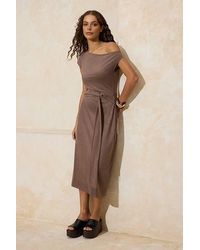 WOVCOR - Belted Asymmetric Neck Cap Sleeve Suede A-Line Midi Dress - Lyst
