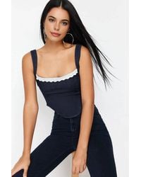 WOVCOR - Lace Trim Strappy Denim Crop Bustier Top - Lyst