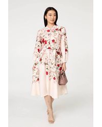 Izabel London - Floral Tie Waist Long Sleeve Midi Dress - Lyst