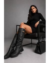 Miss Diva - Isley Round Toe Trim Buckle Fold Over Knee High Pu Boots - Lyst