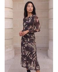 Roman - Petite Animal Print Mesh Ruched Midi Dress - Lyst