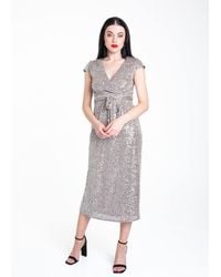 Gini London - Gun Metal Sequin Belted Midi Wrap Dress - Lyst