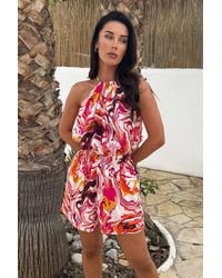 AX Paris - Multi Water Marble Print Tie Racer Neck Shirred Waist Playsuit - Lyst