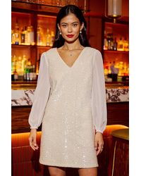 Yumi' - Sequin Tunic W/ Tie Back & Sheer Sleeves Dress - Lyst