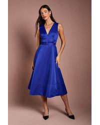 Coast - V Neck Structured Satin Belted Midi Dress - Lyst