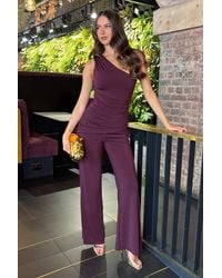 AX Paris - Dark One Shoulder Draped Waist Jumpsuit - Lyst
