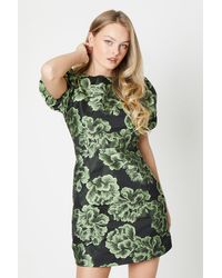 Oasis - Green Floral Jacquard Puff Sleeve Mini Dress - Lyst