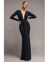 Goddiva - Plunge Neck Long Sleeve Front Draped Lurex Maxi Dress - Lyst