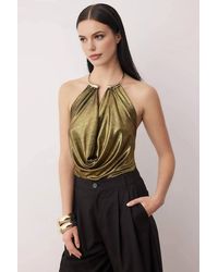 WOVCOR - Metallic V-Neck Knit Halterneck Party Blouse W/ Accessory Detail - Lyst