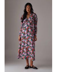 Warehouse - Floral Viscose V Neck Long Puff Sleeve Midi Dress - Lyst