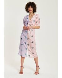 Liquorish - Lilac & Floral Knot Front Midi Dress W/ Short Sleeves - Lyst