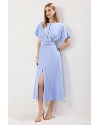 WOVCOR - Belt Detail Flutter Sleeve Midi A-Line Dress - Lyst