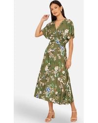 Yumi' - Viscose Floral Print Midi Dress With Ruched Waist - Lyst