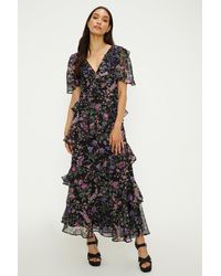 Oasis - Floral Print Chiffon Layered Ruffle Flutter Sleeve Dress - Lyst