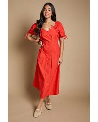Dorothy Perkins - Petite Pleat Button Detail Puff Sleeve Midi Dress - Lyst