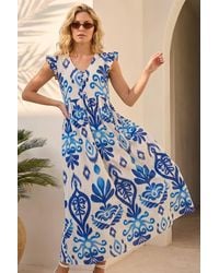 Roman - Abstract Print Frill Detail Midi Dress - Lyst