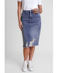 Enorsia - Distressed Knee Length Denim Skirt - Lyst