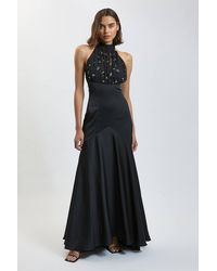 Karen Millen - Crystal Halterneck Satin Maxi Gown Dress - Lyst