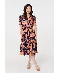 Izabel London - Floral 1/2 Sleeve Faux Wrap Midi Dress - Lyst